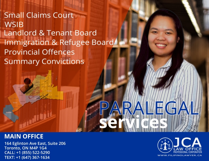 Paralegal Services description with JCA employee facing and smiling the camera with books background